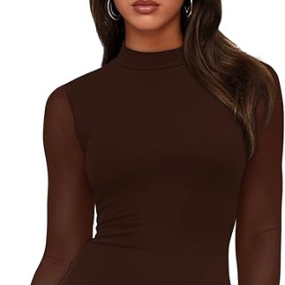Y2K Mesh Long Sleeve Bodycon Mini Dress Caramel Brown Sheer Party Club Wear Dres - Picture 3 of 4